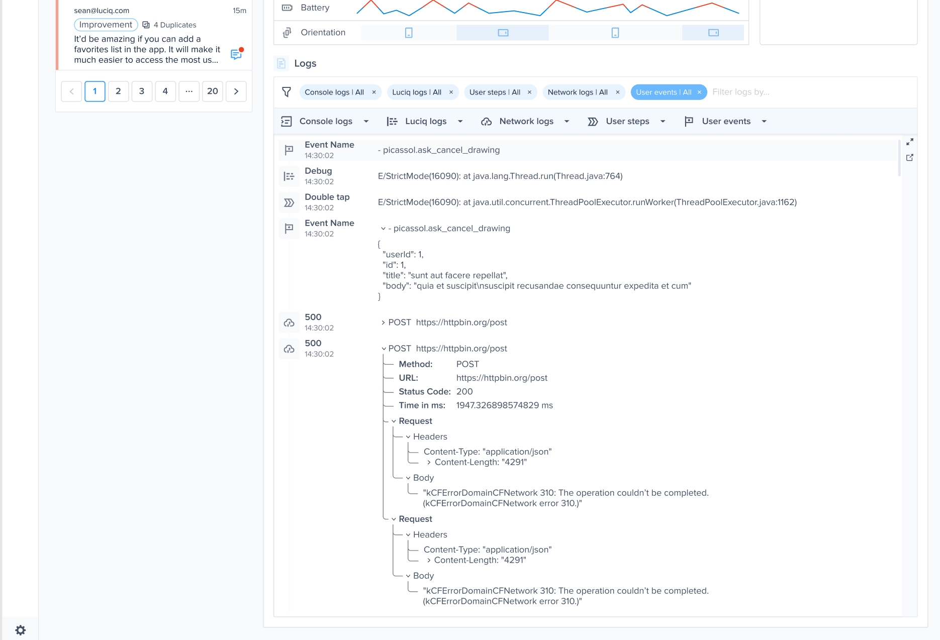 An example of the expanded logs view in your dashboard.