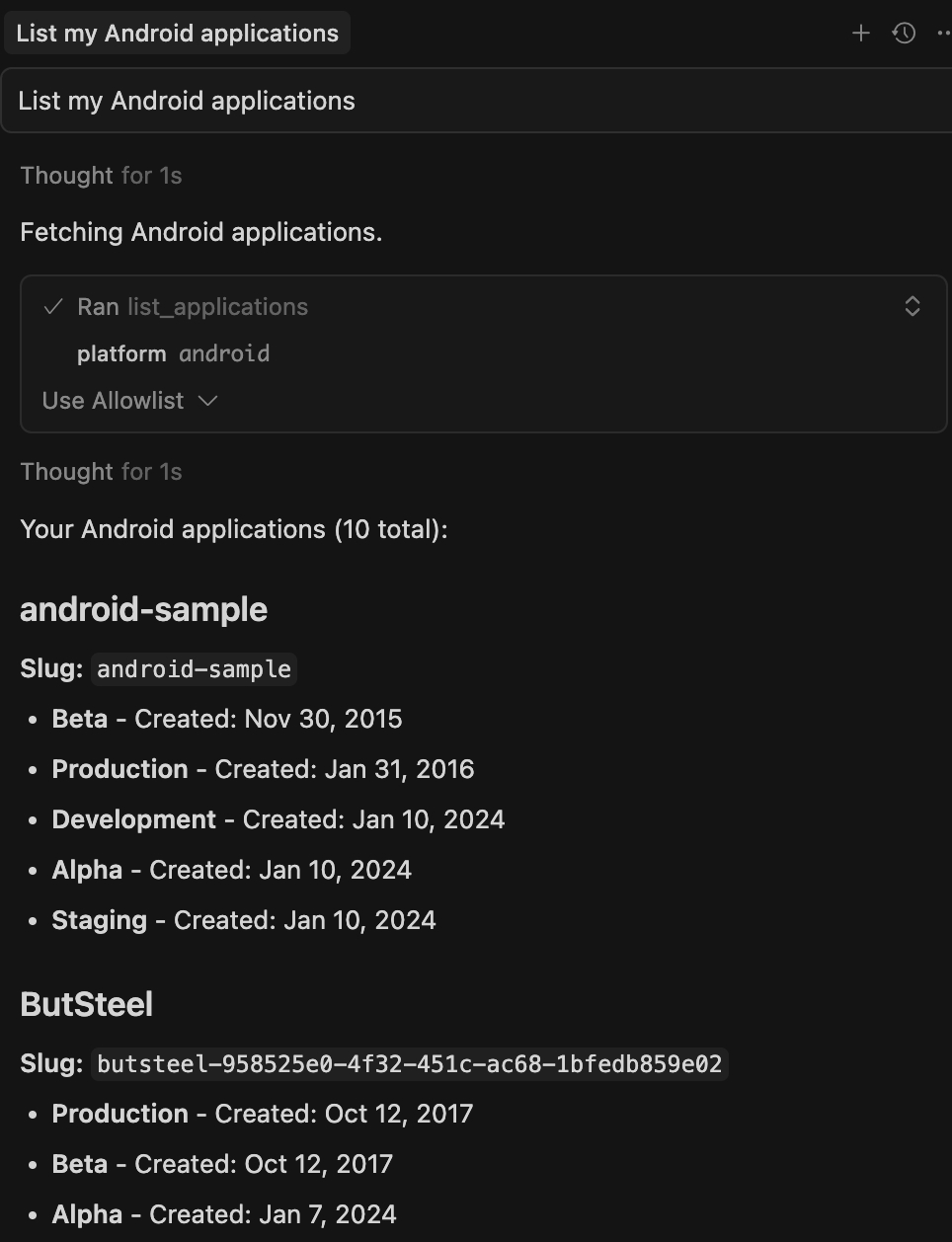 Luciq MCP Server in Cursor - List Applications